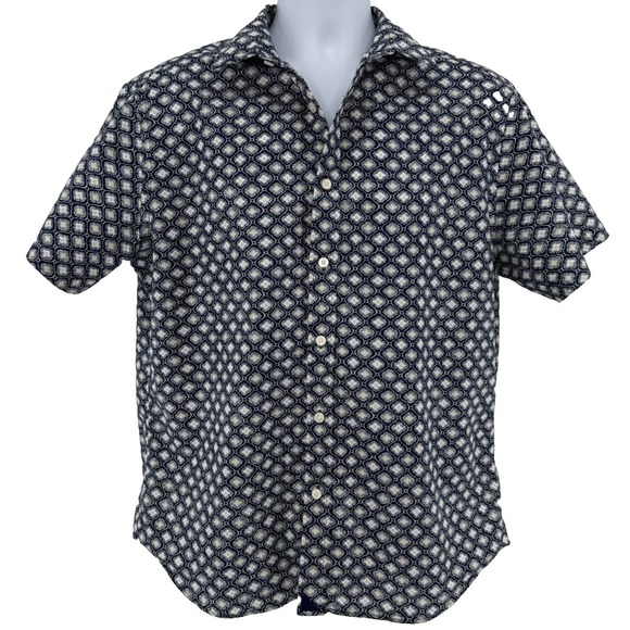 UNTUCKit Larz Short Sleeve Shirt L Navy Blue Medallion Print Casual Cotton - Picture 4 of 12
